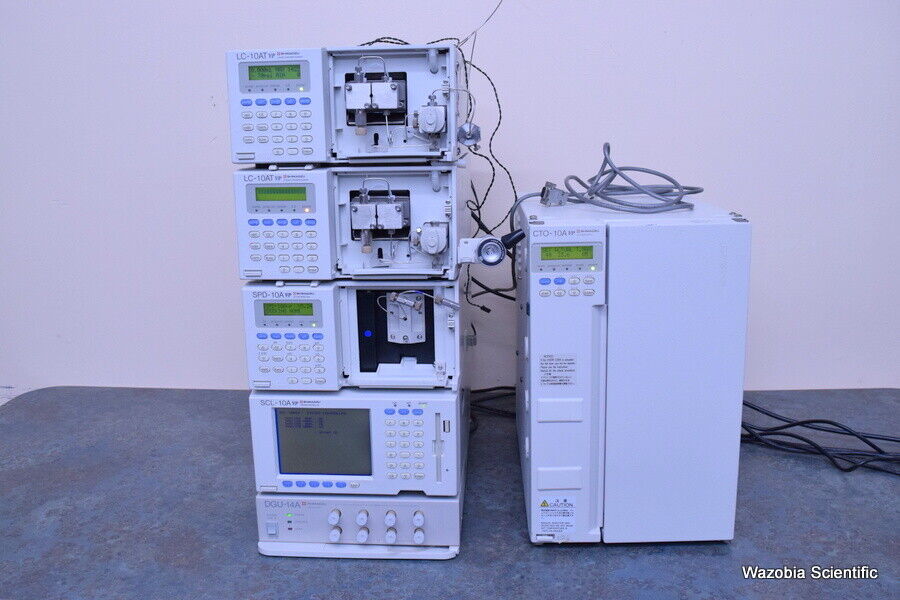 SHIMADZU LIQUID CHROMATOGRAPH HPLC SYSTEM LC-10AT VP SPD-10A SCL-10A CTO-10A DGU