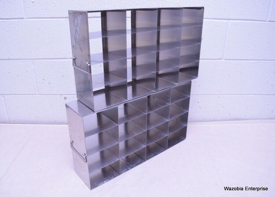 LOT OF 2 STAINLESS STEEL LAB CRYO STORAGE FREEZER RACK CRYOGENIC 22⅛ x 5¼ x 12¾