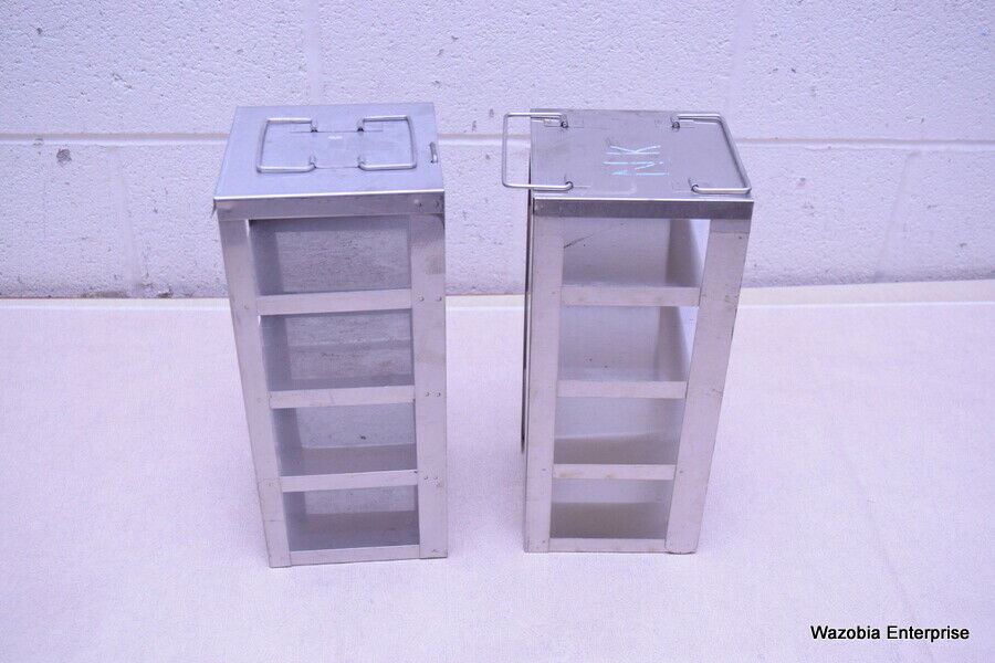 LOT OF 2 STAINLESS STEEL LAB CRYO STORAGE FREEZER RACK CRYOGENIC 5 ½ x 5 ½ x 13