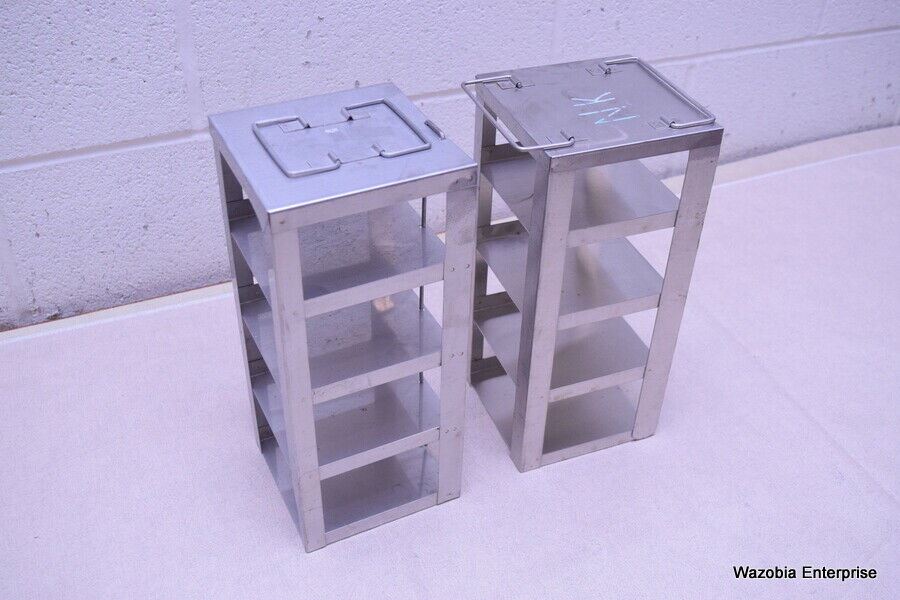 LOT OF 2 STAINLESS STEEL LAB CRYO STORAGE FREEZER RACK CRYOGENIC 5 ½ x 5 ½ x 13