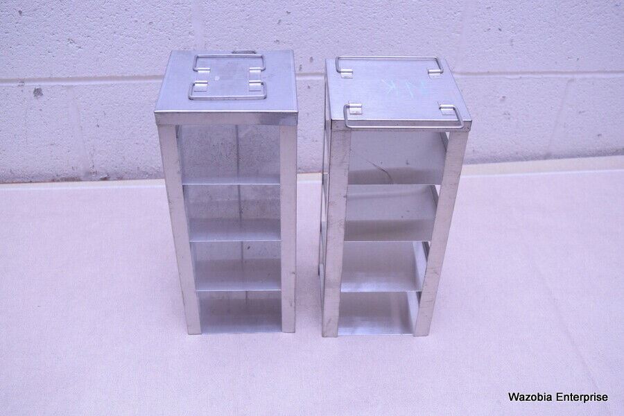 LOT OF 2 STAINLESS STEEL LAB CRYO STORAGE FREEZER RACK CRYOGENIC 5 ½ x 5 ½ x 13