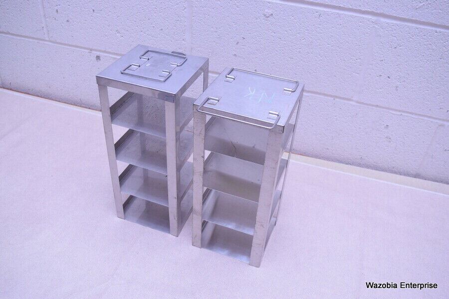 LOT OF 2 STAINLESS STEEL LAB CRYO STORAGE FREEZER RACK CRYOGENIC 5 ½ x 5 ½ x 13