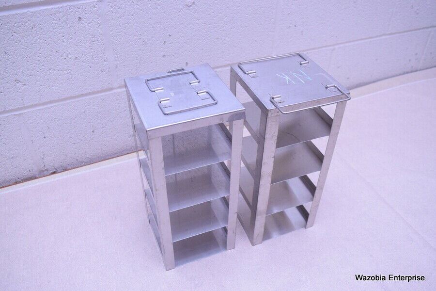 LOT OF 2 STAINLESS STEEL LAB CRYO STORAGE FREEZER RACK CRYOGENIC 5 ½ x 5 ½ x 13