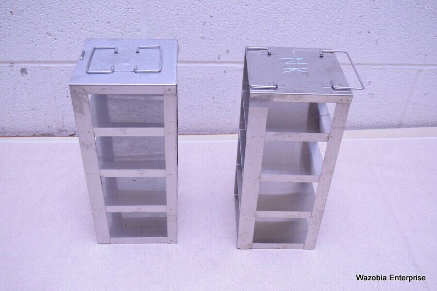LOT OF 2 STAINLESS STEEL LAB CRYO STORAGE FREEZER RACK CRYOGENIC 5 ½ x 5 ½ x 13