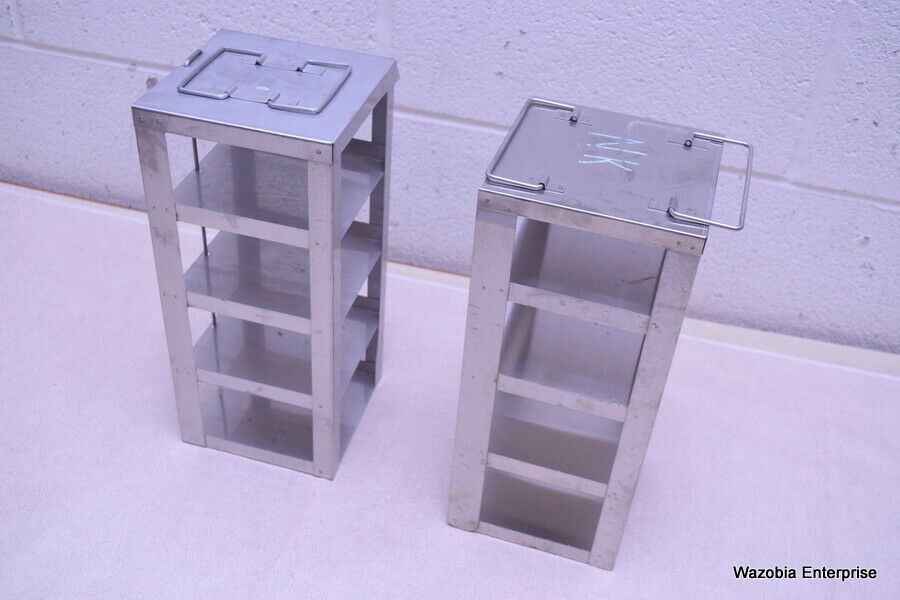 LOT OF 2 STAINLESS STEEL LAB CRYO STORAGE FREEZER RACK CRYOGENIC 5 ½ x 5 ½ x 13