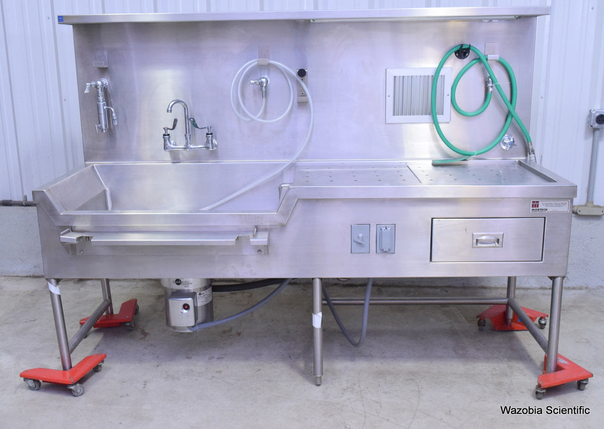 MORTECH MANUFACTURING AUTOPSY STATION LEFT SINK 1036-7 WITH INSINKERATOR SS50-26