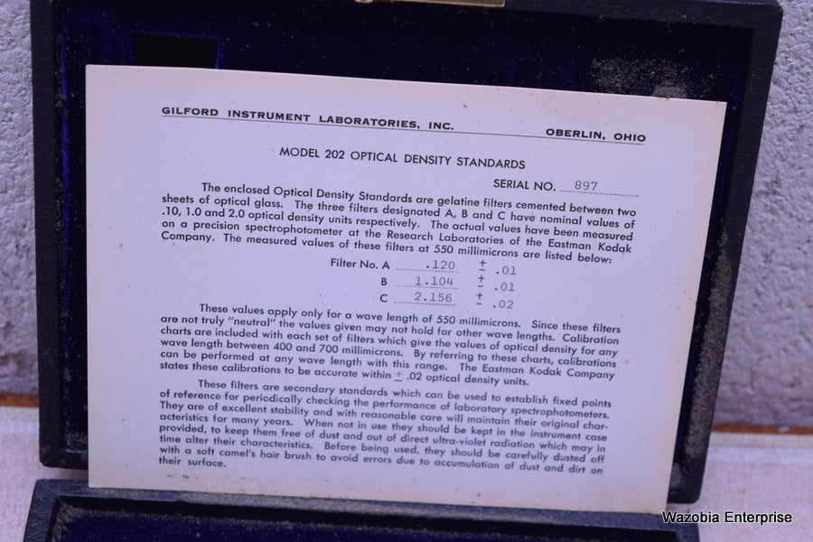 GILFORD INSTRUMENT MODEL 202 OPTICAL DENSITY STANDINGS