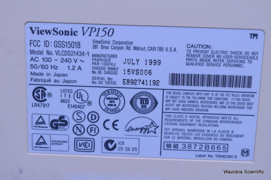 VIEWSONIC VIEWPANEL VP150 MODEL VLCDS21434-1 15"