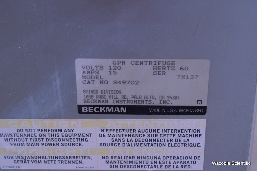 BECKMAN GPR REFRIGERATED CENTRIFUGE WITH ROTOR  BUCKETS AND ADAPTER 349702