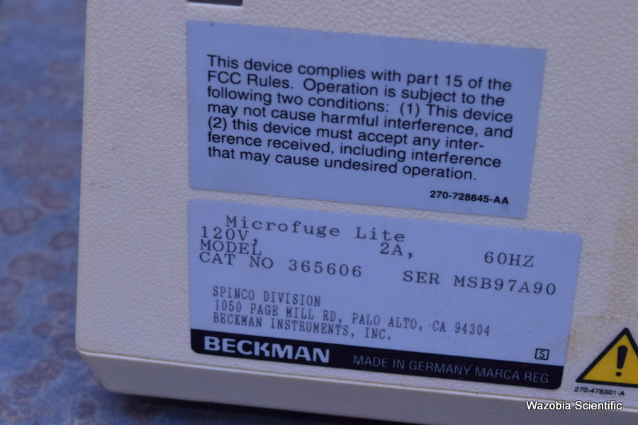 BECKMAN MICROFUGE LITE LABORATORY CENTRIFUGE CAT. 365606 WITH ROTOR F1802
