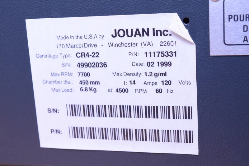 JOUAN  CR4-22 REFRIGERATED CENTRIFUGE 11175331