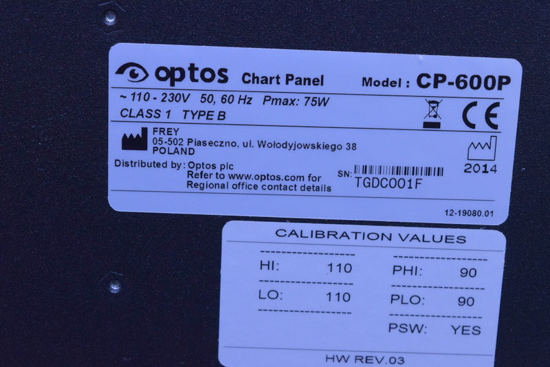 OPTOS CHART PANEL CP-600P FOR PATIENT VISION TESTING