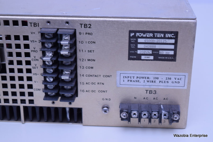 POWER TEN INC 4500D-20125 0-20 VOLTS DC 0-125 AMPS DC POWER SUPPLY