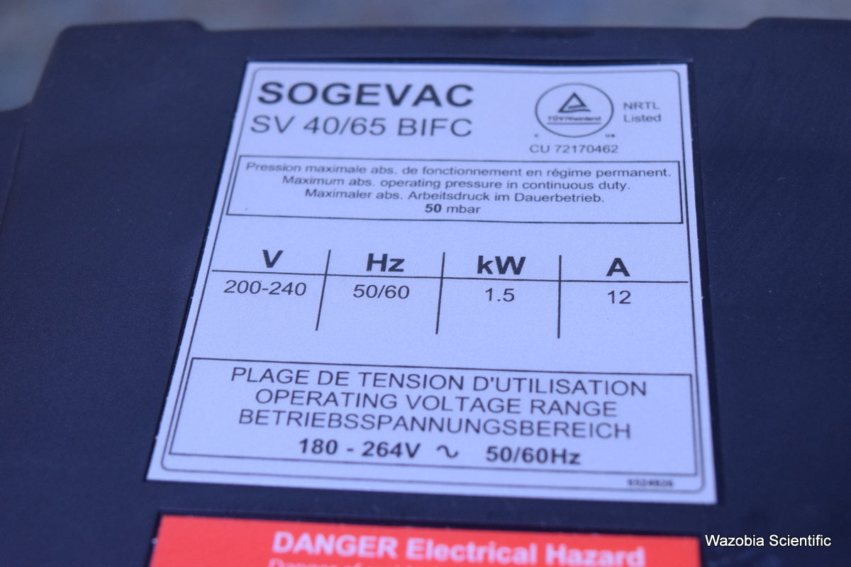 LEYBOLD SOGEVAC SV 40/65 BIFC SV65BIFC LEROY SOMER LS90L ROTARY VANE LABORATORY