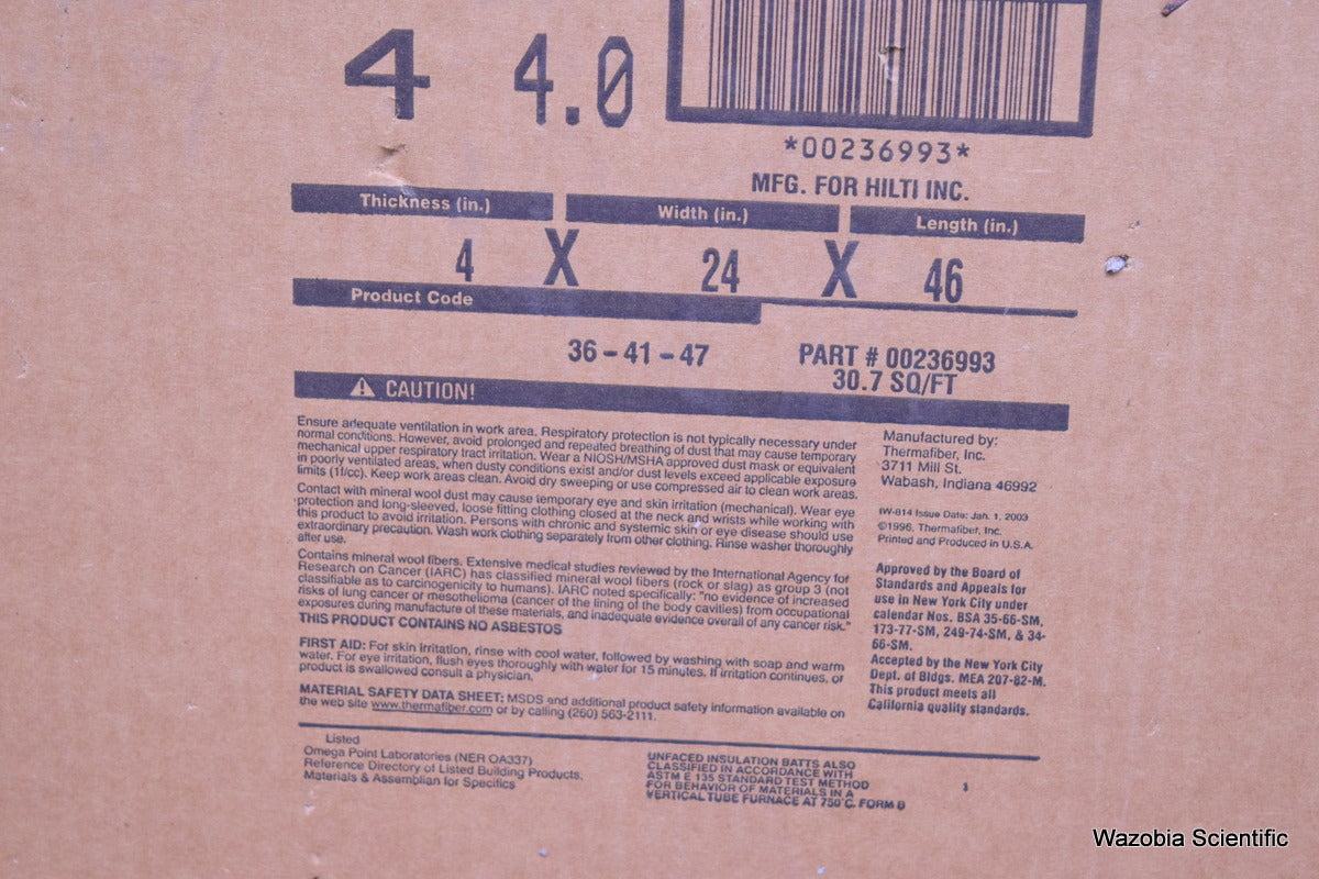HILTI THERMAFIBER SAFING INSULATION APPLIED FIREPROOFING 00236993 4" X 24" X 46"