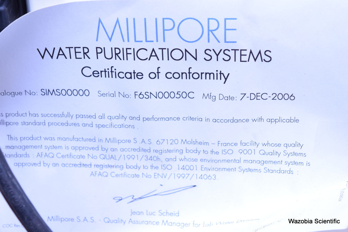 MILLIPORE SIMPLICITY ULTRAPURE WATER PURIFICATION SYSTEM SIMS 00000