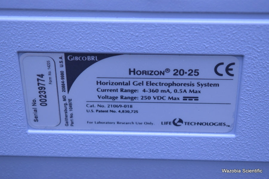 LIFE TECHNOLOGIES GIBCO BRL MODEL HORIZON 20 25 HORIZONTAL GEL ELECTROPHORESIS