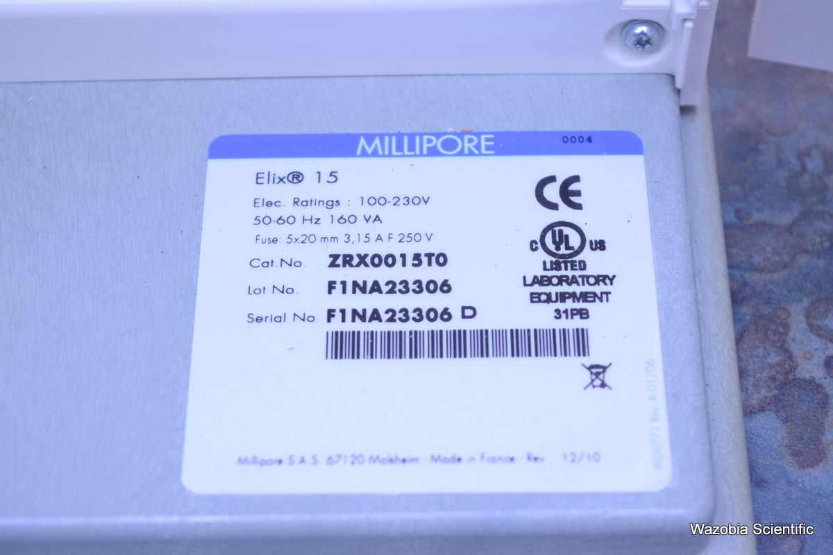 MILLIPORE ELIX 15 WATER PURIFICATION SYSTEM ZRX0015T0 WITH TANK 60 LITER PE TANK