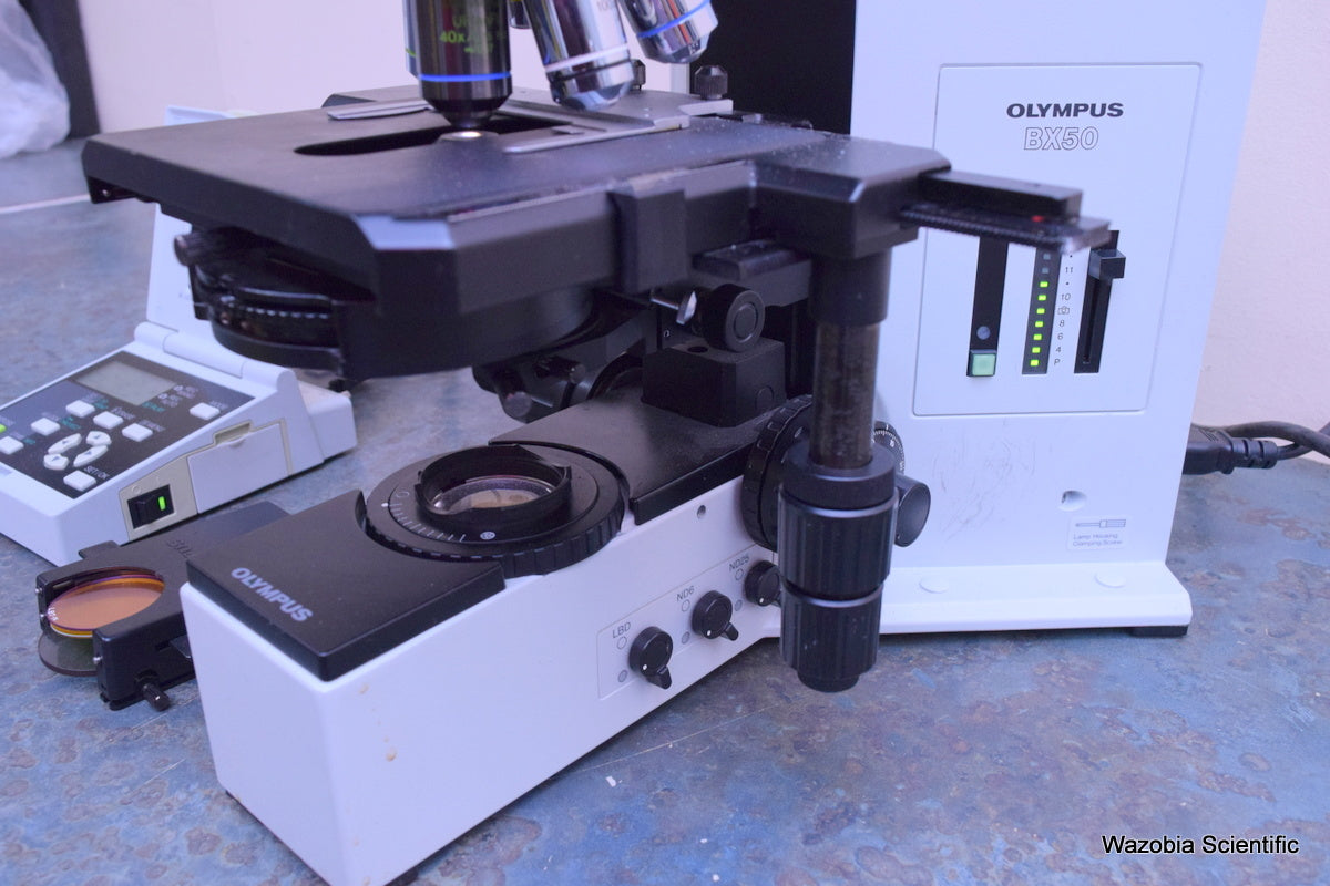 OLYMPUS BX50 MICROSCOPE BX50F4 100X 40X 20X 10X 4X OBJECTIVES U-FC  DP12 CAMERA