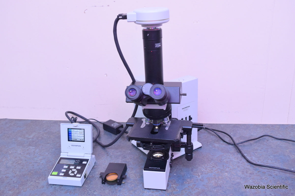 OLYMPUS BX50 MICROSCOPE BX50F4 100X 40X 20X 10X 4X OBJECTIVES U-FC  DP12 CAMERA