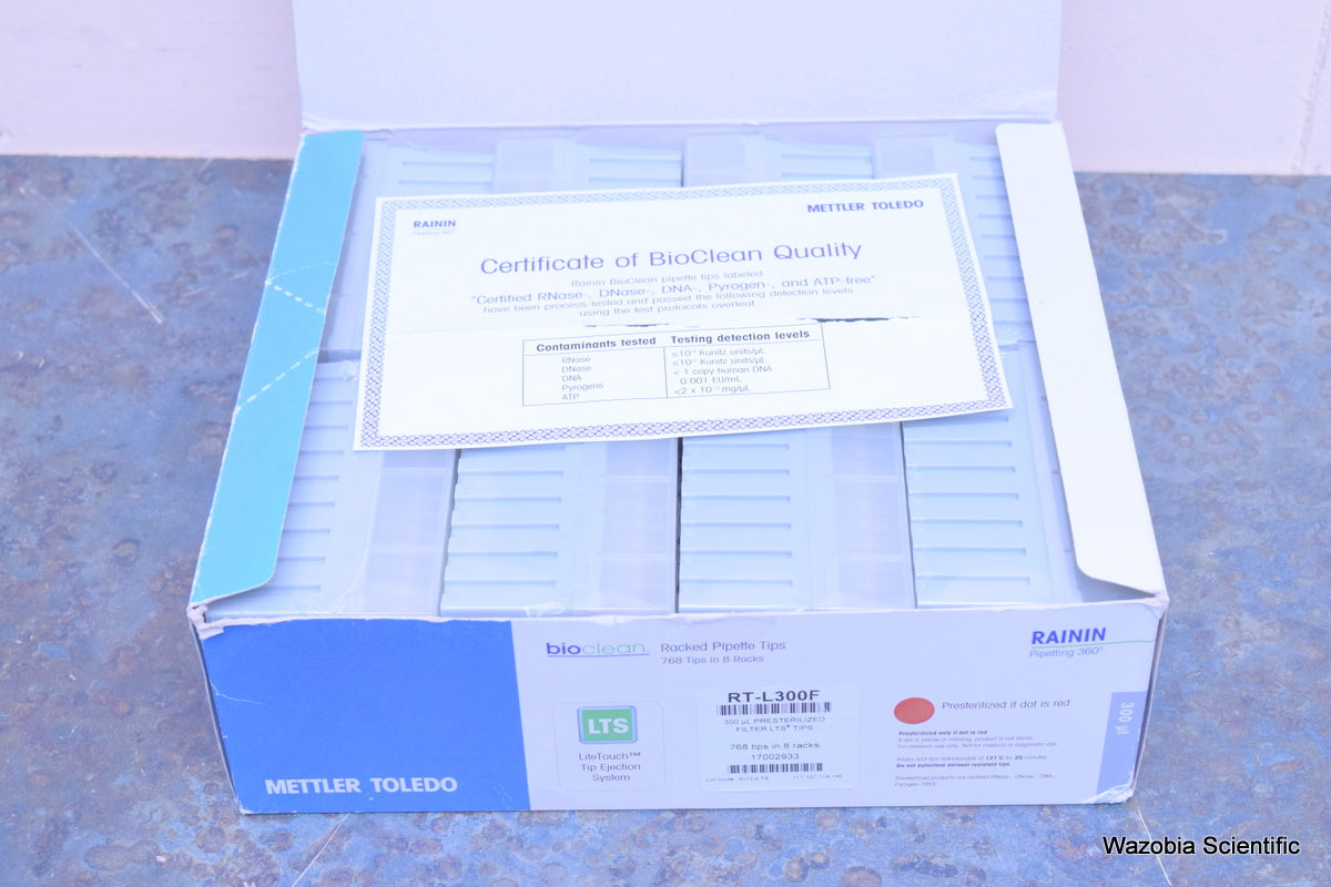 RAININ METTLER TOLEDO RACKED PIPETTE TIPS 300 UL RT-L300F 768 TIPS IN 8 RACKS