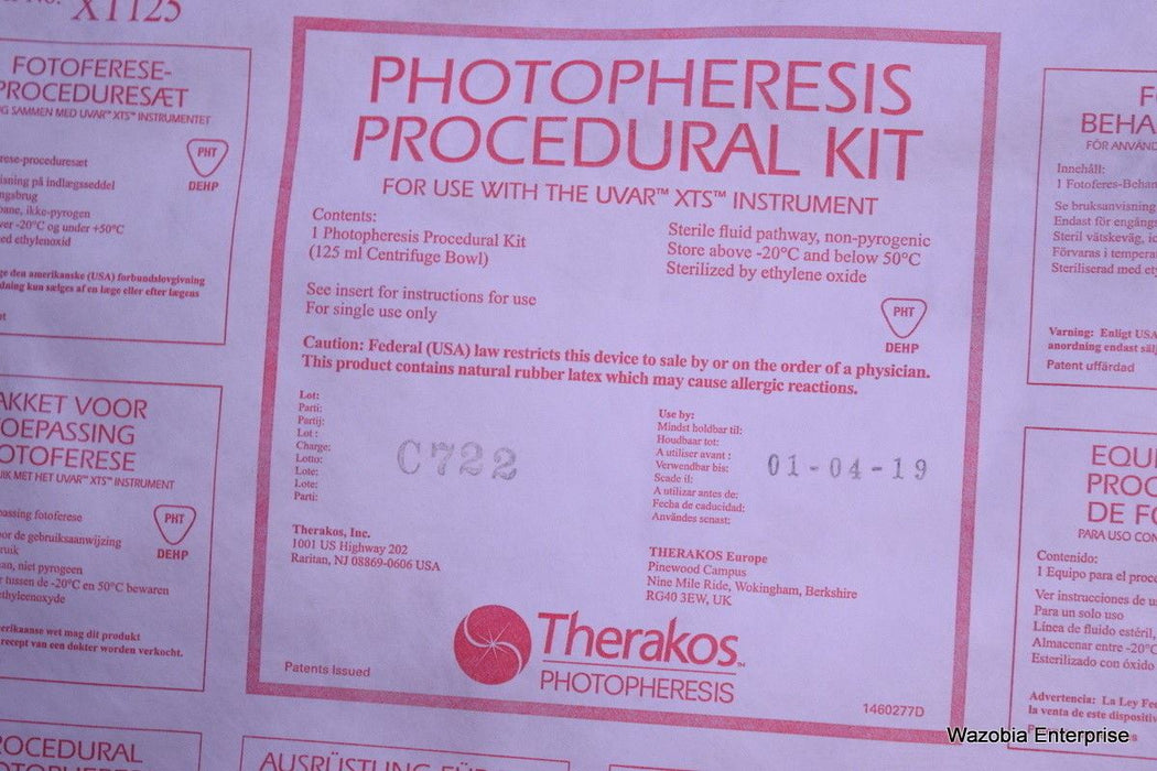 THERAKOS PHOTOPHERESIS PROCEDURAL KIT XT125 FOR UVAR XTS INSTRUMENT 01-04-19