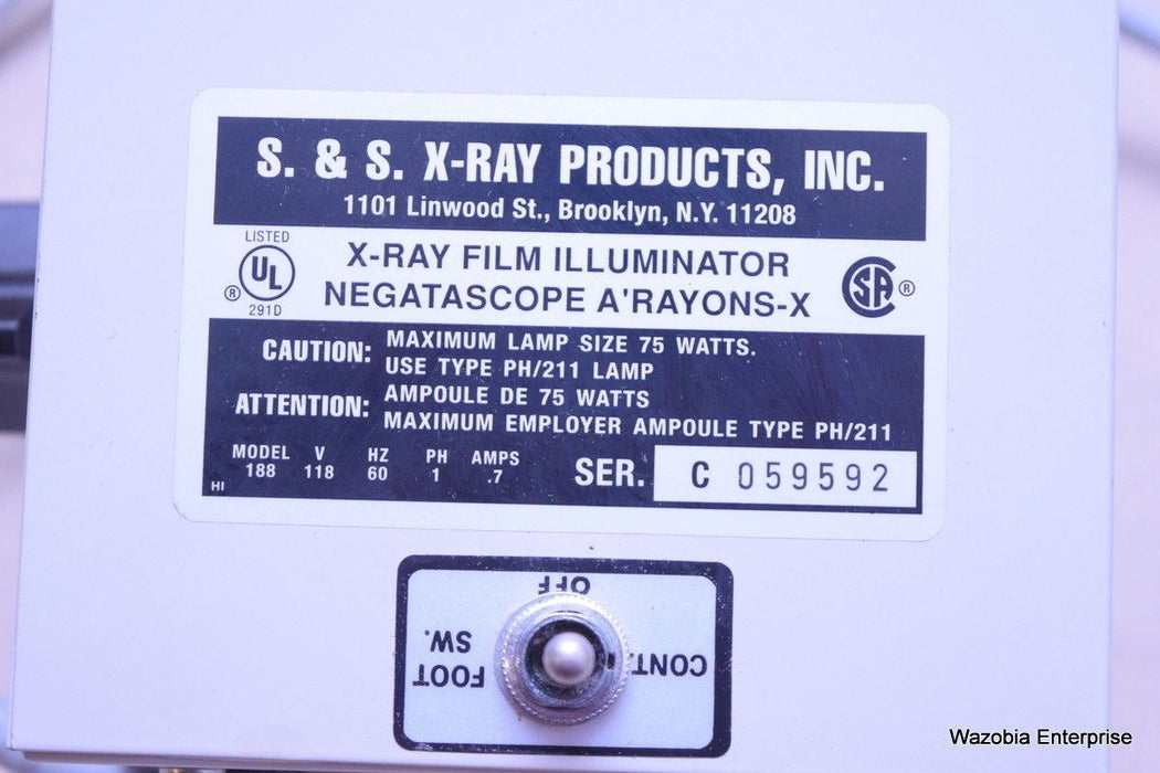 S & S X-RAY PRODUCTS X-RAY FILM ILLUMINATOR NEGATOSCOPE MODEL 188
