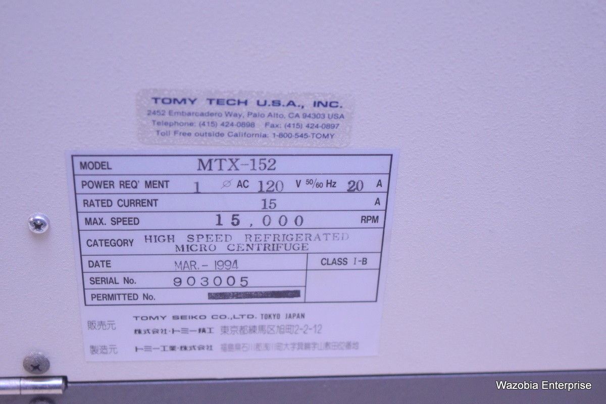 TOMY MTX-152 HIGH SPEED REFRIGERATED MICROCENTRIFUGE