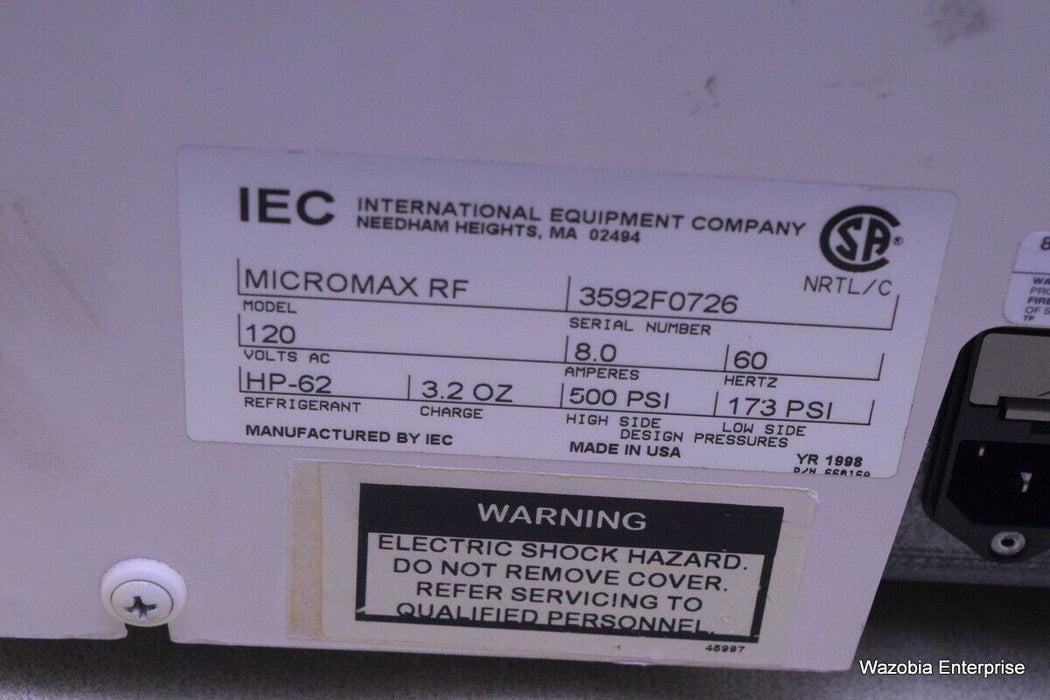 IEC MICROMAX RF CENTRIFUGE NO ROTOR