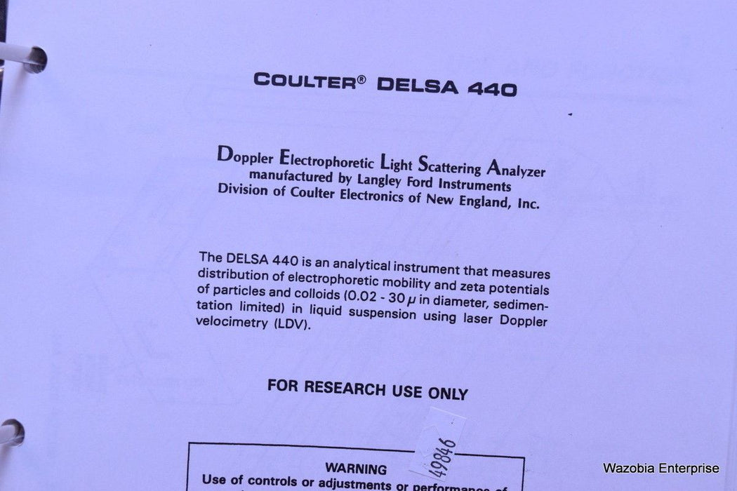 BECKMAN COULTER DELSA 440  ELECTROPHORETIC LIGHT SCATTERING ANALYZER